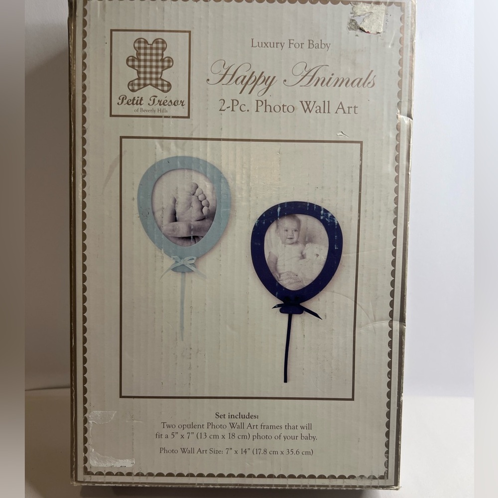 Petit Tresor Happy Animals 2 pc. Set Blue & White Baby Photo Frame Balloons